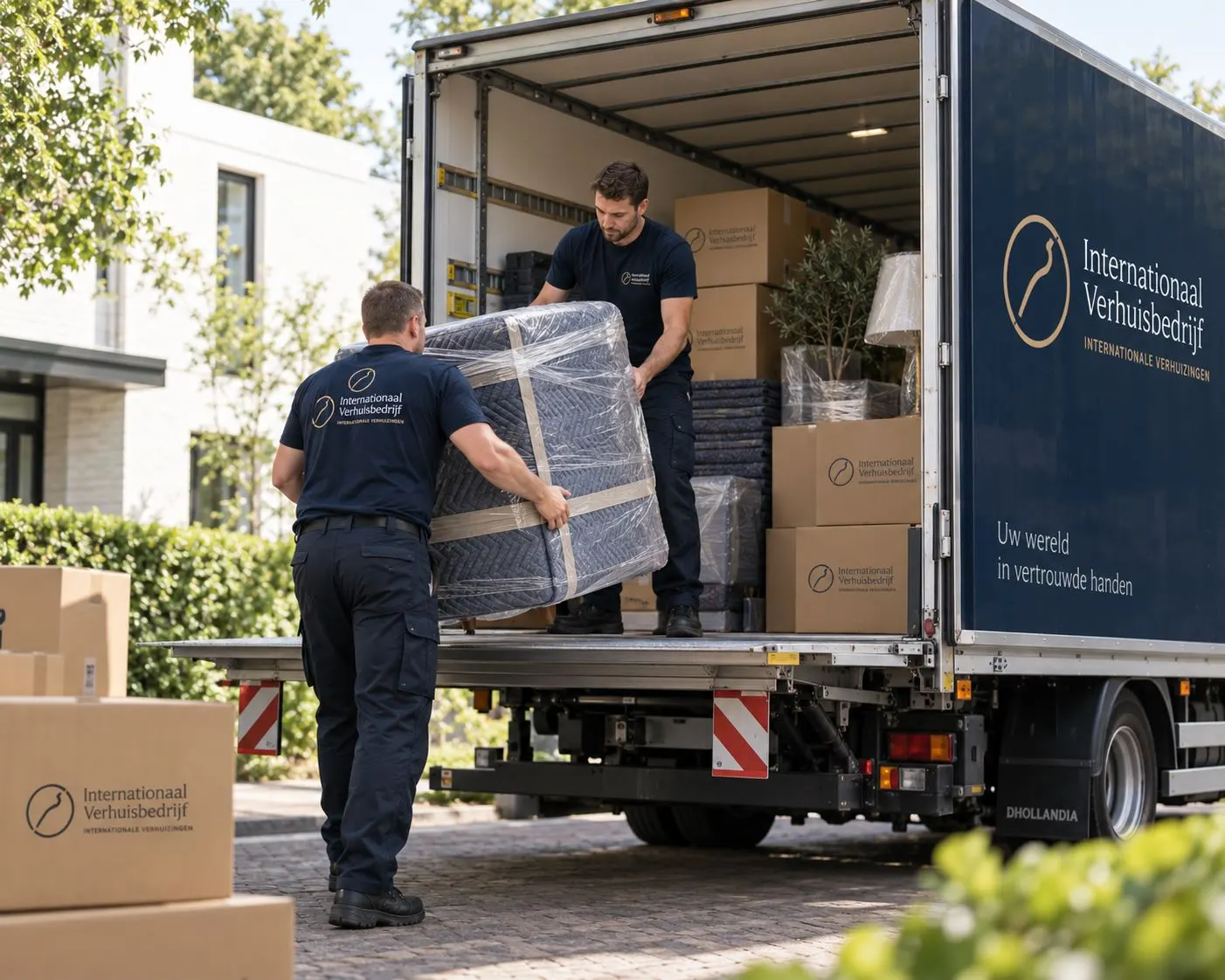 Verhuizers van Internationaal Verhuisbedrijf laden zorgvuldig de inboedel in de verhuiswagen